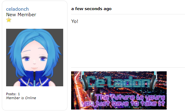 A screenshot of a web forum post by CeladonCh with a forum signature featuring a city nightscape, the name 'Celadon', and the tagline 'The future is yours, you just have to take it'.